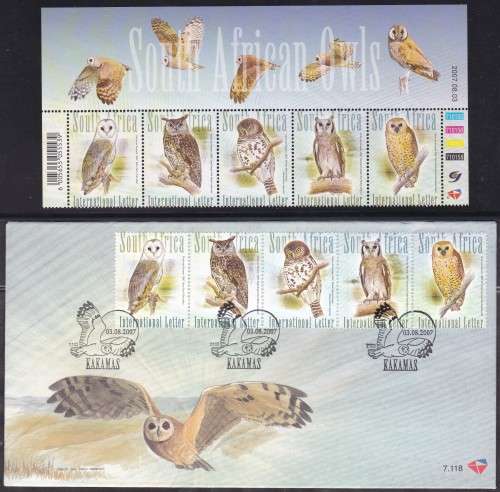 RSA - SOUTH AFRICAN OWLS, FDC 7.118 + SUPERB U/M CONTROL STRIP OF 5 - HIGH CV!!!!!