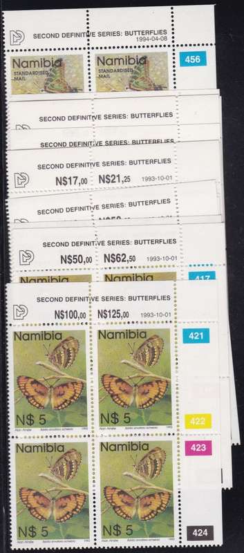 NAMIBIA - BUTTERFLIES, FULL SET OF CONTROL BLOCKS TO 5 DOLLARS - FINE U/M!!!!!