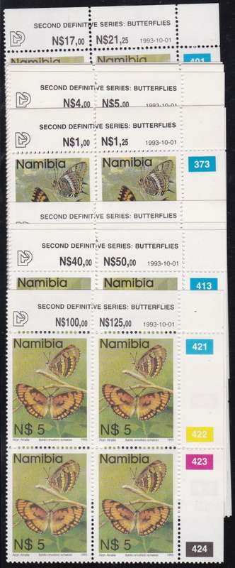 NAMIBIA - BUTTERFLIES, SET OF CONTROLS TO 5 DOLLARS - FINE U/M!!!!!