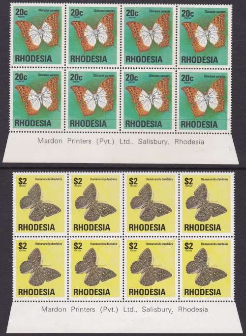 RHODESIA - 1974 DEF BUTTERFLIES, 20c + 2 DOLLAR IMPRINT BLOCKS (WHITE GUM) - FINE U/M!!!!!