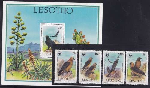 LESOTHO - 1986 STAMPS, EAGLE MINISHEET + WWF SET OF 4 VULTURE SINGLES, ALL FINE U/M - CV:R420!!!!!