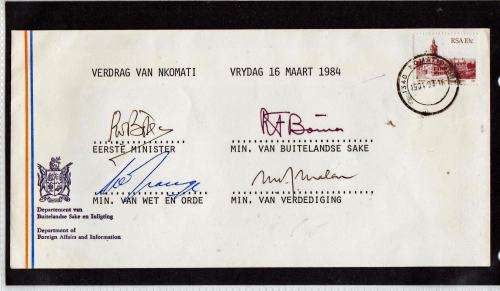 RSA-RARE SIGNED COVER-1984 NKOMATI ACCORD-PW BOTHA,PIK BOTHA,L.LE GRANGE,MAGNUS MALAN-RARE FEW !!