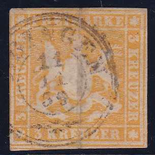 WURTTEMBURG - 1857 SINGLE STAMP, 3K IMPERF WITH THREAD - CV:R1060!!!!!