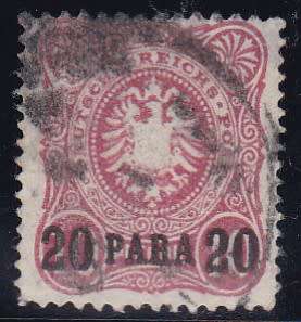 GERMANY - 1884 P.O. IN TURKEY, SURCHARGE 20P ON 10PF ROSE, FINE USED SINGLE - CV:R2760!!!!!