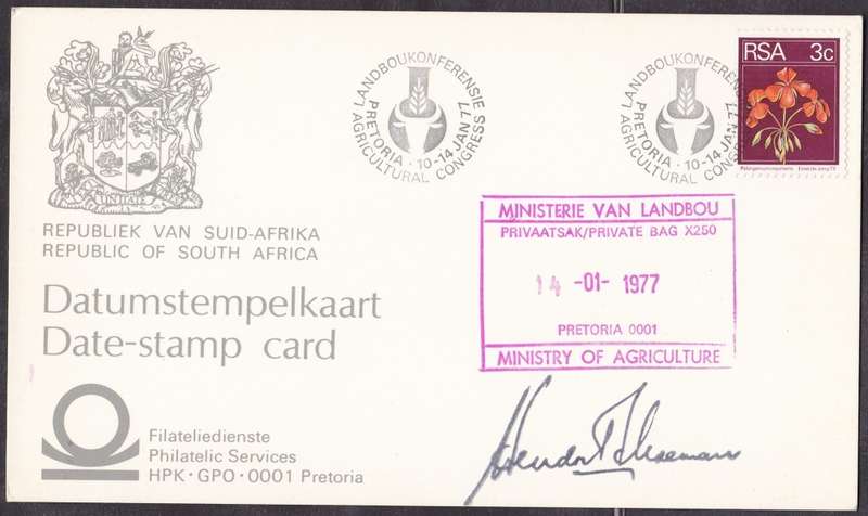RSA - AGRICULTURE CONFERENCE CARD, RUBBER STAMPED + SIGNED BY MINISTER HENDRIK SCHOEMAN - FINE!!!!!