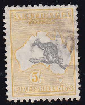 AUSTRALIA - 1931-1936 STAMP, 5/ KANGAROO SINGLE, FINE USED - CV:R490!!!!!