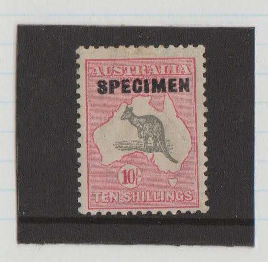 AUSTRALIA KANGEROOS-10 SHILLING SPECIMEN-FINE MM-SOME GUM DISTURBANCE TOP PERFS FROM HINGING
