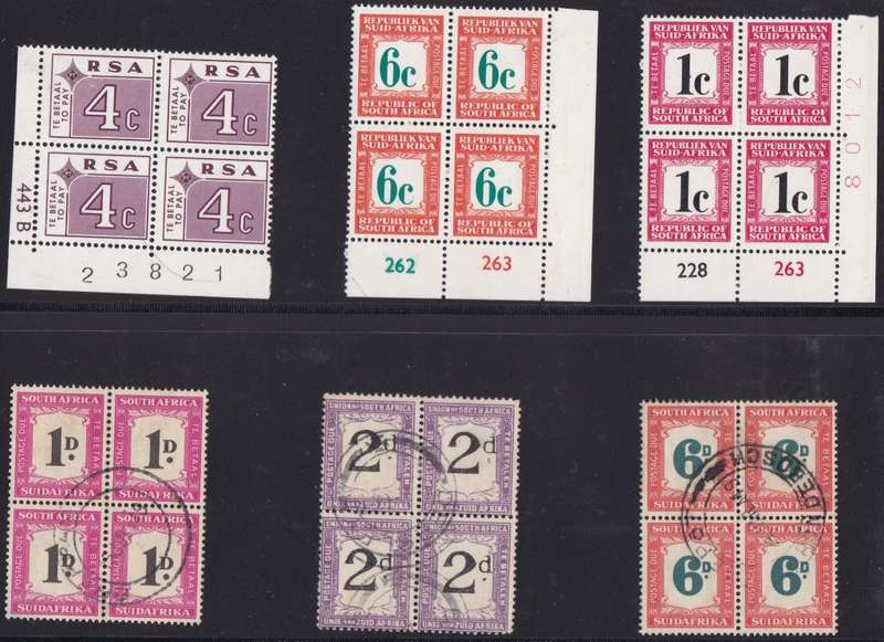 RSA + UNION SA - POSTAGE DUES, ASSORTED U/M CONTROLS + USED BLOCKS OF 4 - CV:R1465!!!!!
