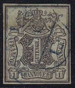 GERMANY HANOVER - 1850 IMPERF, 1 GGR BLACK ON GREEN SINGLE - FINE USED