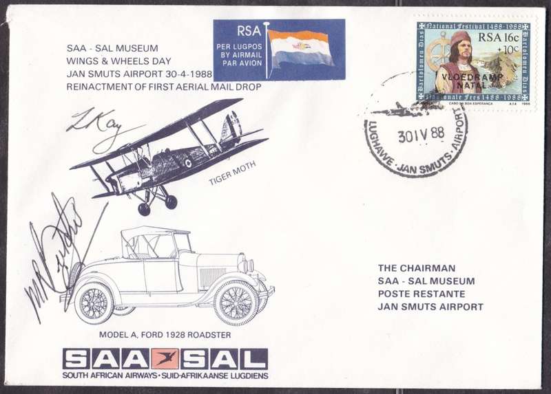 RSA - SA AIRWAYS, MUSEUM WINGS & WHEELS DAY FDC, SIGNED BY PILOT + DRIVER - FINE & SCARCE