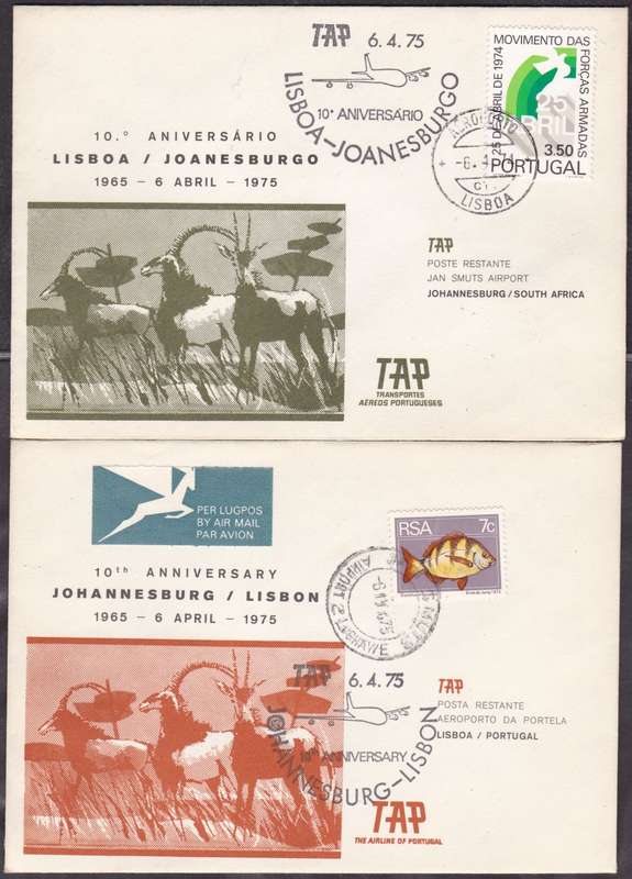 RSA - 10TH ANNI OF TAP AIRWAYS, SET OF 2 FLIGHT COVERS, JHB TO LISBON + LISBON TO JHB - FINE