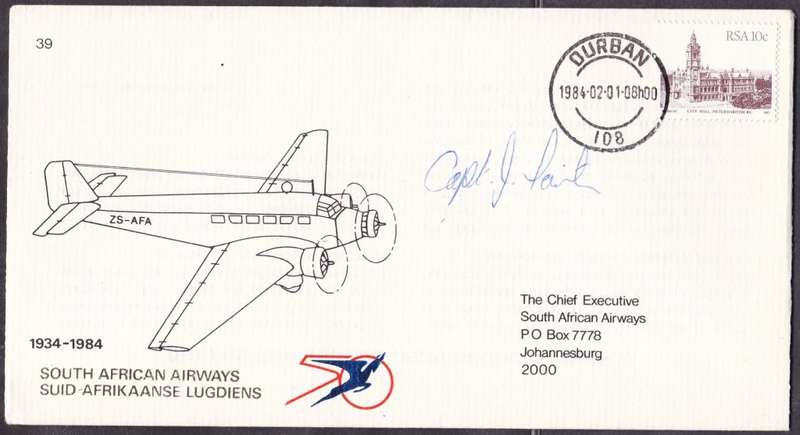 RSA - SOUTH AFRICAN AIRWAYS COVER NO.39, SIGNED BY CAPTAIN - FINE