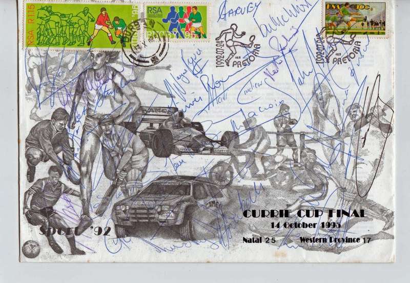 SA RUGBY-CURRIE CUP FINAL 1995-SIGNED BY SHARKS TEAM-MARK ANDREWS,GARY TEICHMAN,IAN MACINTOSH ETC