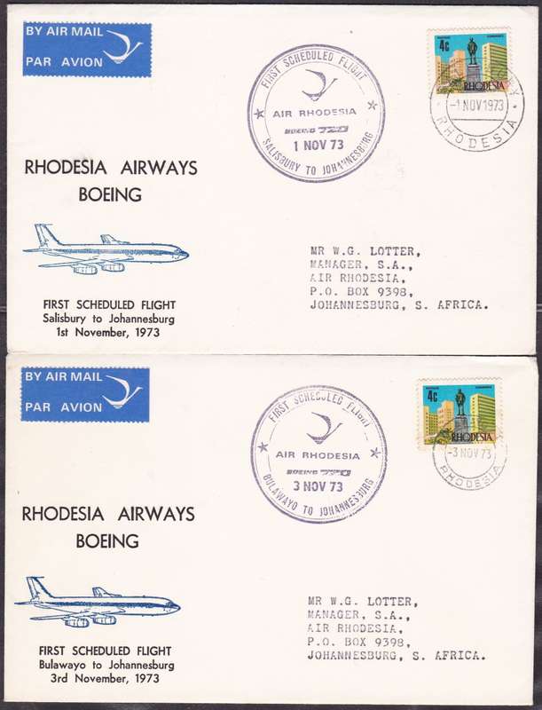 RHODESIA - RHODESIA AIRWAYS, 2 X BOEING 1ST FLIGHT COVERS: BULAWAY + SALISBURY TO JHB - FINE