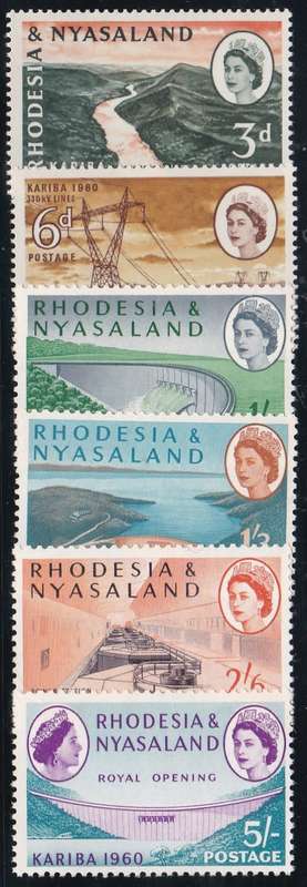 RHODESIA & NYASALAND - QE2 KARIBA DAM, SET OF 6 FINE U/M SINGLES TO 5/ - CV:R360