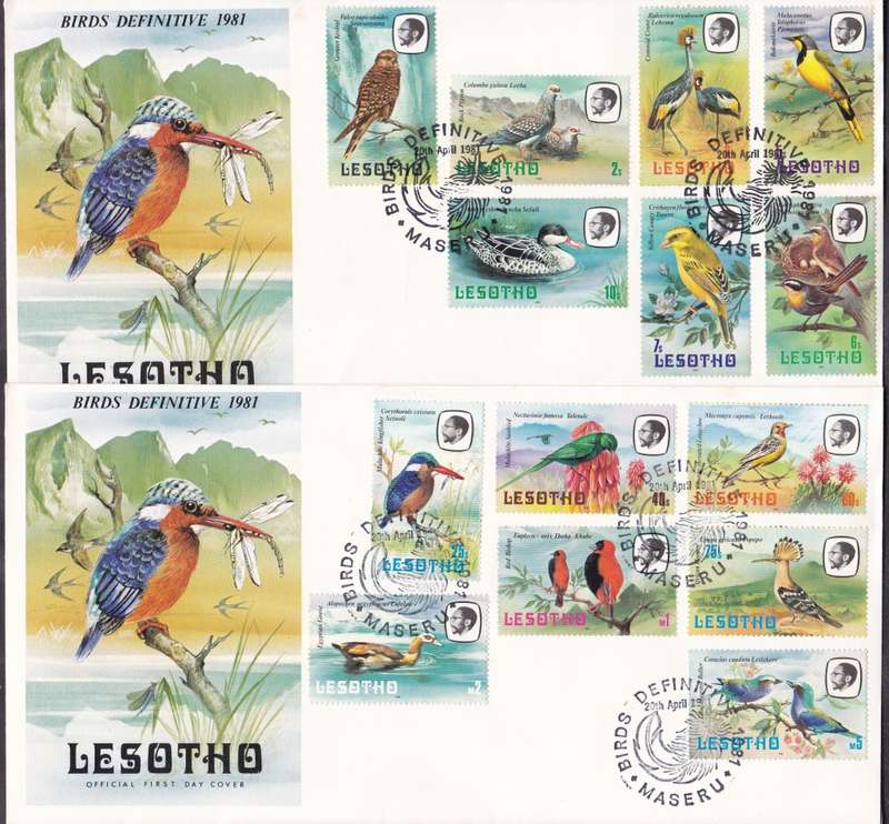LESOTHO - 1981 BIRDS DEFINITIVE, FULL SET OF SINGLES TO M5 ON 2 FDC'S - FINE