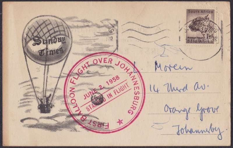 UNION SA - POST CARD, 1ST BALLOON FLIGHT OVER JHB - FAIR