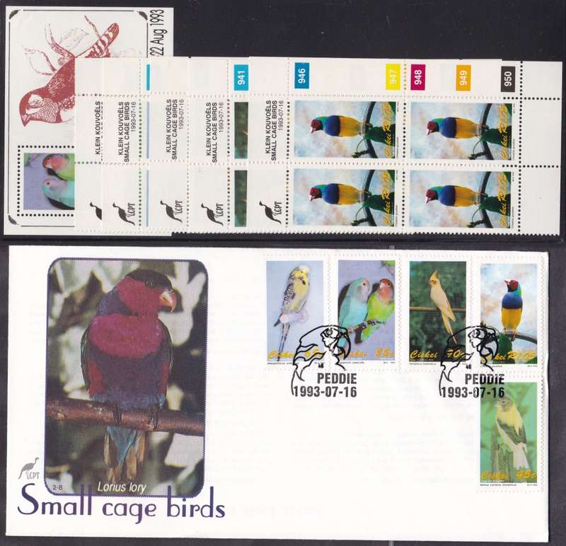 CISKEI - SMALL CAGE BIRDS, FDC 2.8 WITH U/M MINISHEET + SET OF 5 U/M CONTROL BLOCKS - ALL FINE
