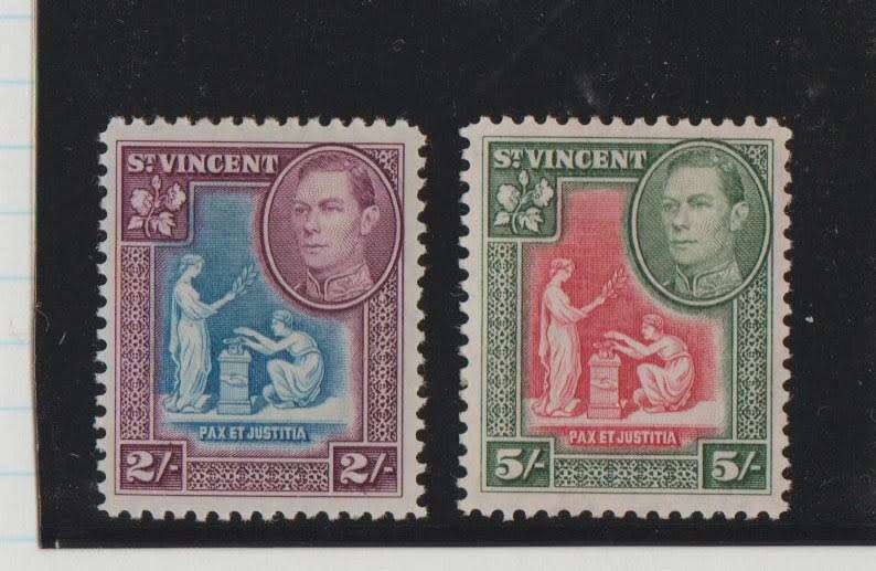 ST VINCENT-1938 KGVI-2 SHILLING AND 5 SHILLING FINE MM-CV R680.00-SG 157/158