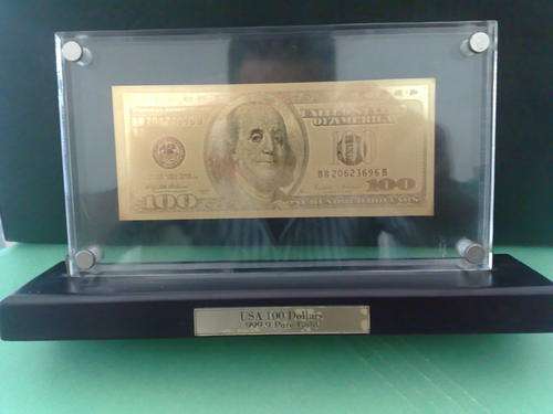 USA 100 DOLLARS -999.9 PURE GOLD FOIL NOTE-ENCLOSED ON WOODEN STAND!!!