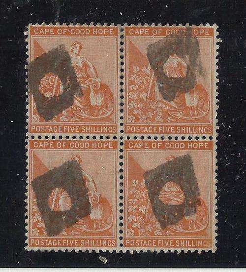 GOOD HOPE RECTANGLES-5 SHILLING ORANGE,BLOCK OF FOUR,BEAUTIFULLY CANCELLED-