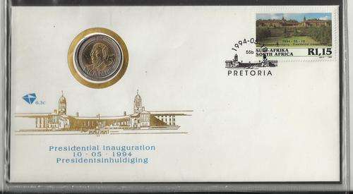 MANDELA 94 INAUGURATION FDC 6.3C WITH 90TH BIRTHDAY R5 COIN-UNCIRCULATED!!