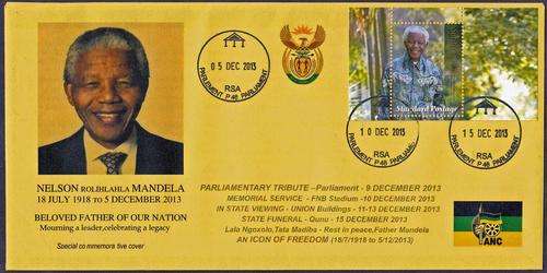 RSA - MANDELA COMMEMORATIVE COVER - 5 DEC 2013 & 10 DEC 2013 & 15 DEC 2013 PARLIAMENT CANCELS!!!!!