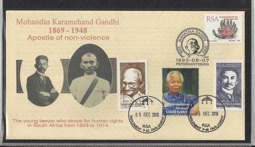 MANDELA AND GANDHI STAMPS TIED TO GANDHI COVER -PARLIAMENT CANCEL ON 5 DEC 2013