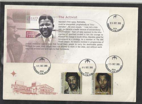 MANDELA ACTIVIST MINISHEET ON COVER,PARLIAMENT CANCEL 5 DEC AND 15 EC 2013