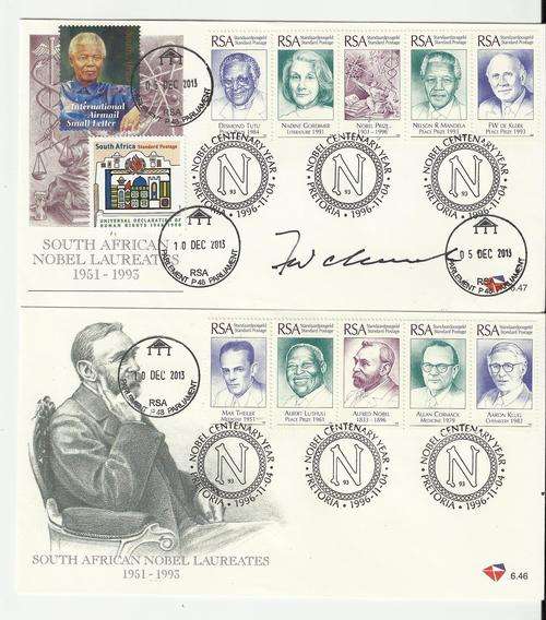 MANDELA/DE KLERK-NOBLE LAUREATES-SIGNED FW DE KLERK,PARLIAMENT CANCEL 5 & 10 DEC-READ DESCRIPTION