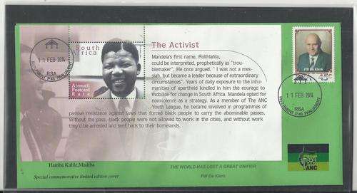 MANDELA ACTIVIST MINISHEET ON COVER,PARLIAMENT CANCEL 11 FEB 2014-ANN OF RELEASE FROM PRISON