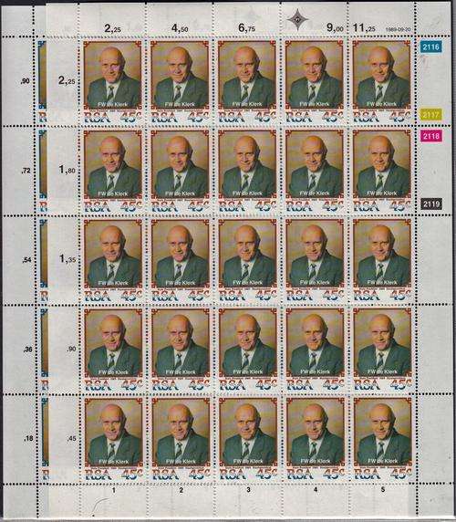 RSA - 1989 STATE PRESIDENT FW DE KLERK, 18c & 45c FULL SHEETS - BOTH U/M!!!!!