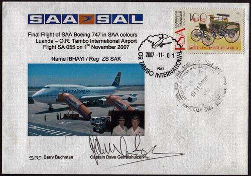 RSA - FINAL FLIGHT OF SAA BOEING 747 IN SAA COLOURS, COVER - SIGNED BY THE CAPTAIN!!!!!