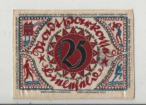 GERMAN BIELEFELD-25 M SILK NOTGELD STOFFGELD,"HEALING WATERS"-LOOKS UNC