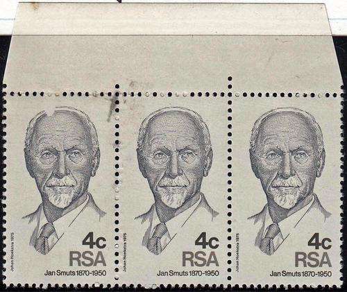 RSA - 4c SMUTS, VARIETIES=WHITE SPOT ON TEMPLE & GREY SMUDGES - U/M STRIP OF 3!!!!!