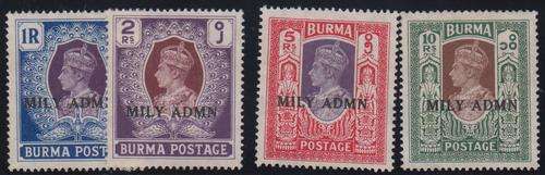 BURMA - 4 X KGVI TOP VALUE SINGLES, 1R-10R WITH 'MILY ADMN' OVERPRINTS - UNUSED/NO GUM!!!!!
