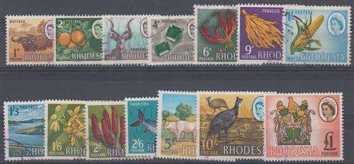 RHODESIA - 1966 QE2 SET OF SINGLES TO 1 POUND (MOST WITH VIOLET CANCELS) - FINE USED!!!!!