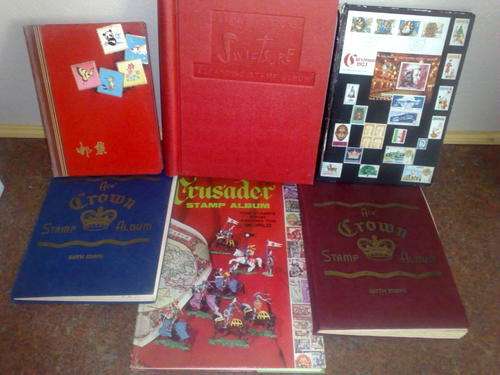 SMALL COLLECTION OF SIX SCHOOLBOY TYPE ALBUMS STOCKBOOKS,FILLED WITH 100,S OF STAMPS