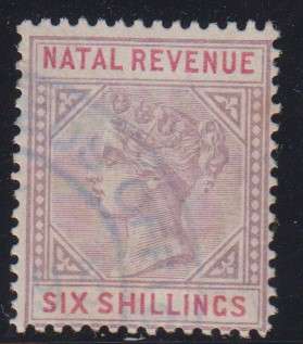 NATAL - QUEEN VIC 6 SHILLING REVENUE SINGLE, FINE USED (UNUSUAL DENOMINATION)!!!!!