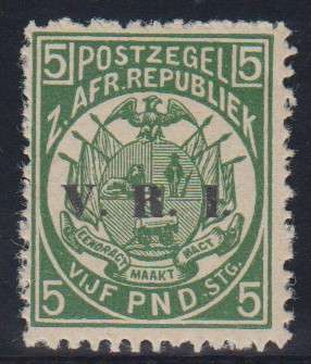 TRANSVAAL/ZAR - 5 POUND GREEN SINGLE WITH V.R.I. OVERPRINTED, FINE M/M - CV:R27 000 IF GENUINE!!!!!