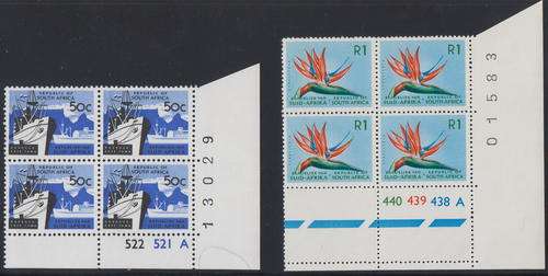 RSA - 1ST DEF ISSUE, 50c HARBOUR & R1 STRELITZIA CONTROL BLOCKS OF 4 - 50c IS U/M & R1 IS M/M!!!!!