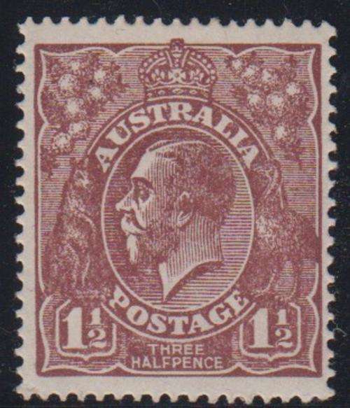 AUSTRALIA - KGV KINGS HEAD, 1&1/2D BROWN SINGLE (PERF 14, WATERMARK 5), FINE M/M - CV:R450!!!!!