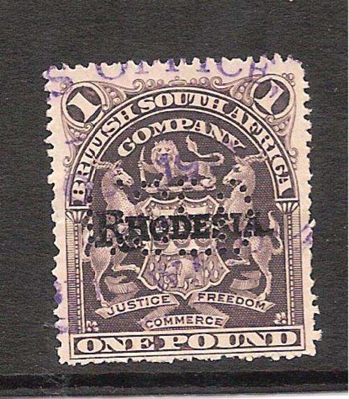 BSAC RHODESIA OVERPRINT-ONE POUND BLACK-FISCAL USED!!!