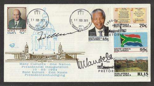 RARE & UNIQUE-SIGNED BY MANDELA & DE KLERK- FDC 6.3B HANDCANCEL PARLIAMENT 21 ST ANN OF RELEASE!!