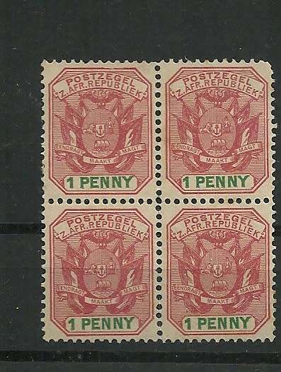 S. Africa 1896 Z. Afr Republic   1 d  in BLOCK of 4 -looks unmounted, but listed as MINT -fabulous