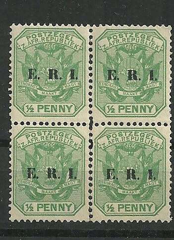 S. Africa 1901 Z. Afr Republic  E.R.I.  1/2 d  in BLOCK of 4 -looks unmounted, but listed as MINT