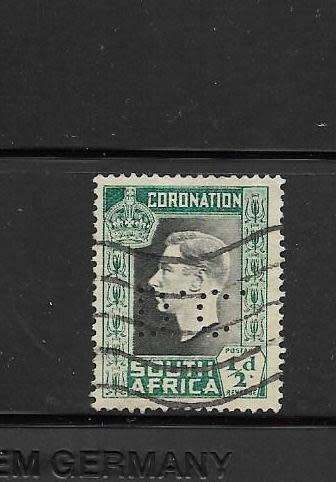 South Africa good/ fine used   1/2d coronation  on Piece with scarce "D.C." PERFIN -fabulous