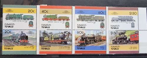 1984 FunaFuti TUVALU `Leaders of the World series` - TRAINS in pairs (8) 20c-$1.50 - fabulous issue
