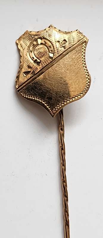 Gold Hat Pin -Antique, featuring Shield and Lucky HORSEHOE- Gorgeously engraves, MUST SEE!!