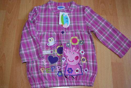 Girls PEPPA PIG pink checkered top embroidered character, buttons & sleeve detail. Size 3 - 4 years